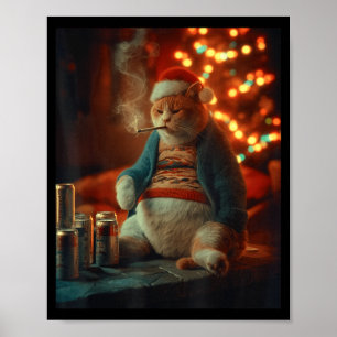 Christmas Cat Smoking Cigarette Meme Gen Z  Poster