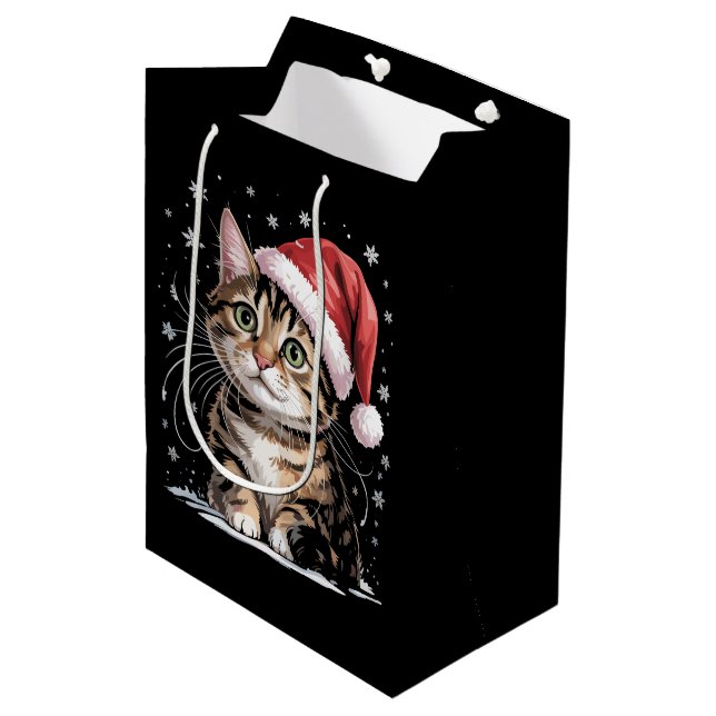 Christmas Cat Snow Santa Hat Winter Medium Gift Bag (Front Angled)