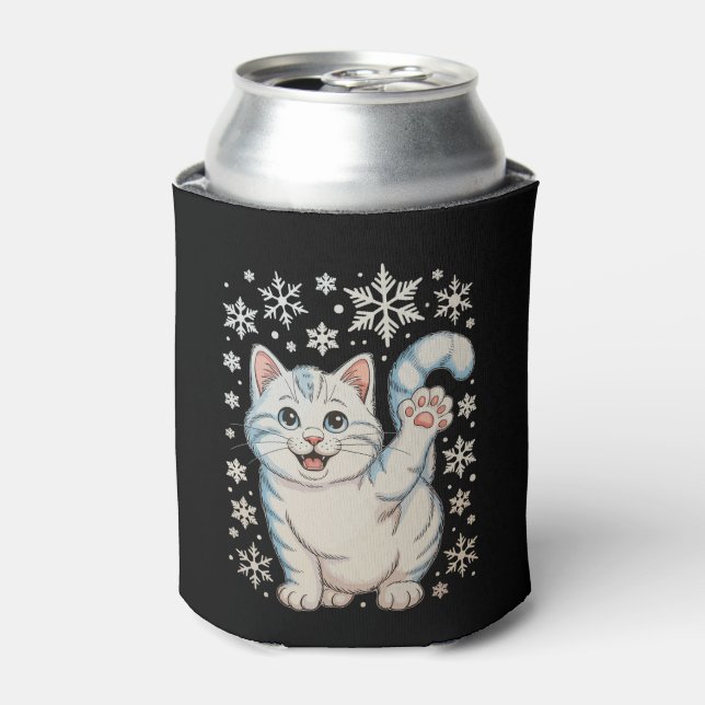 Christmas Cat Snowflakes Kitten Snow Holiday Can Cooler (Can Front)