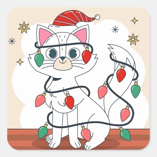 Christmas Cat  Square Sticker (Illustration of a white cat wearing a red and white striped Santa hat!)