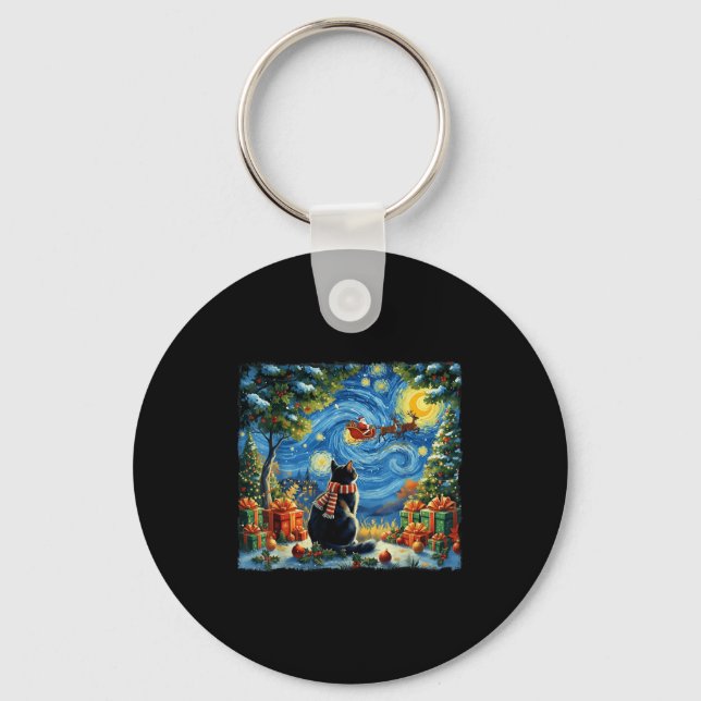 Christmas Cat Starry Night Holiday Van Gogh Xmas S Key Ring (Front)