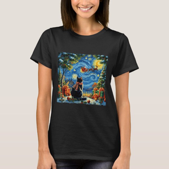Christmas Cat Starry Night Holiday Van Gogh Xmas S T-Shirt (Front)