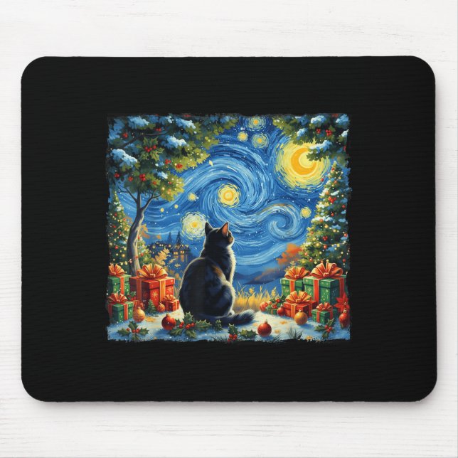 Christmas Cat Starry Night Van Gogh Santa Winter G Mouse Pad (Front)