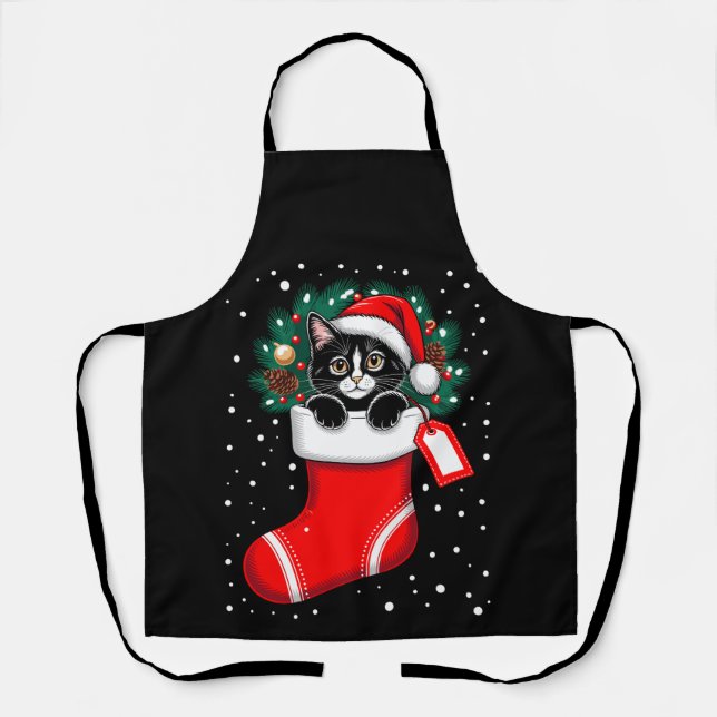 Christmas Cat Stocking Santa Hat Pinecones Snow Apron (Front)