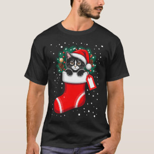 Christmas Cat Stocking Santa Hat Pinecones Snow T-Shirt