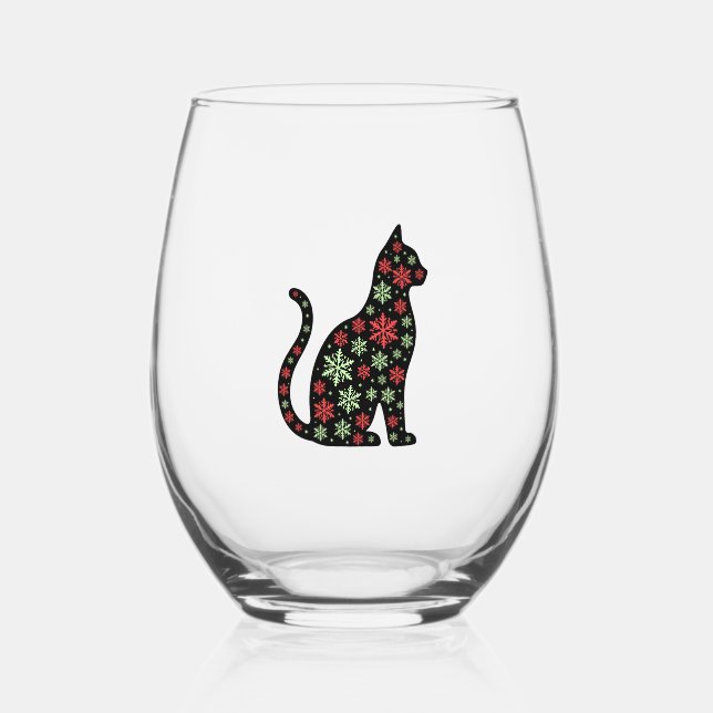 Christmas Cat T-Shirt Stemless Wine Glass (Front)