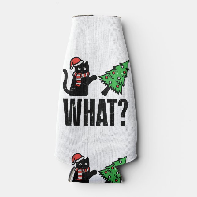 Christmas Cat Tipping Xmas Tree Funny Bottle Cooler (Front)