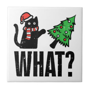 Christmas Cat Tipping Xmas Tree Funny Ceramic Tile