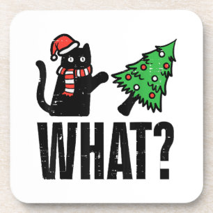 Christmas Cat Tipping Xmas Tree Funny Coaster