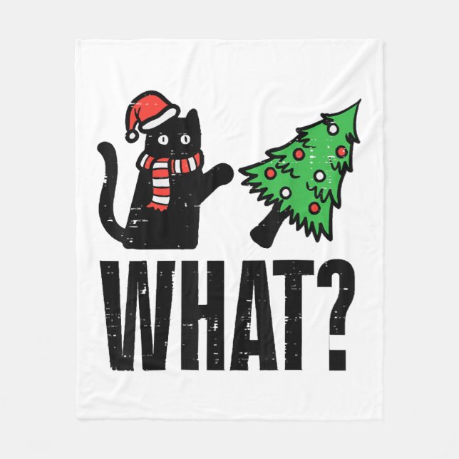 Christmas Cat Tipping Xmas Tree Funny Fleece Blanket (Front)