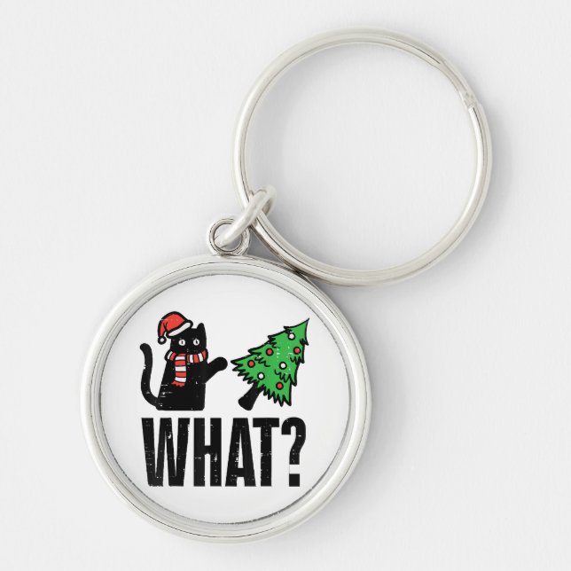Christmas Cat Tipping Xmas Tree Funny Key Ring (Front)