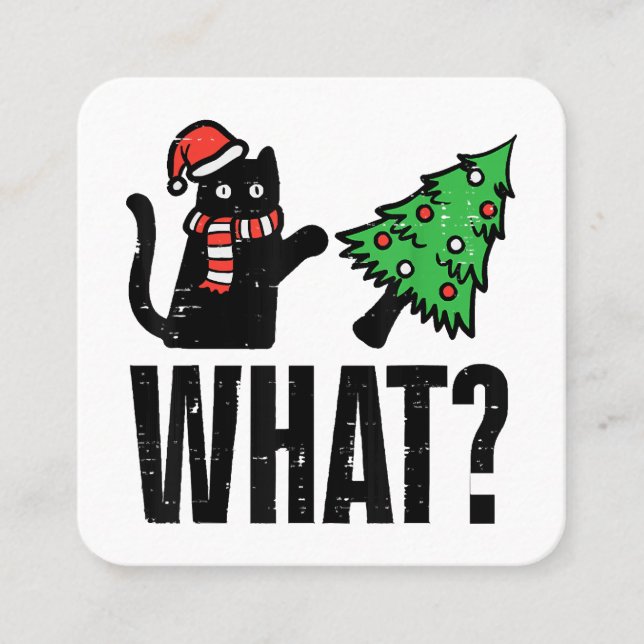Christmas Cat Tipping Xmas Tree Funny Square Business Card (Front)