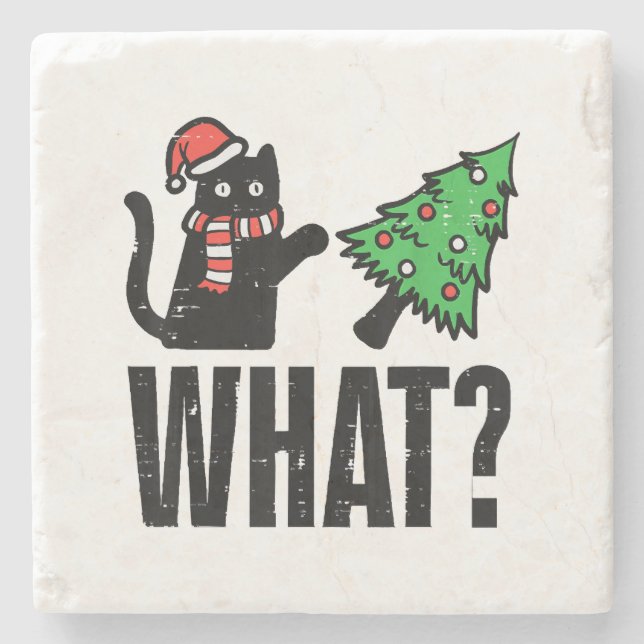 Christmas Cat Tipping Xmas Tree Funny Stone Coaster (Front)