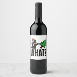 Christmas Cat Tipping Xmas Tree Funny Wine Label