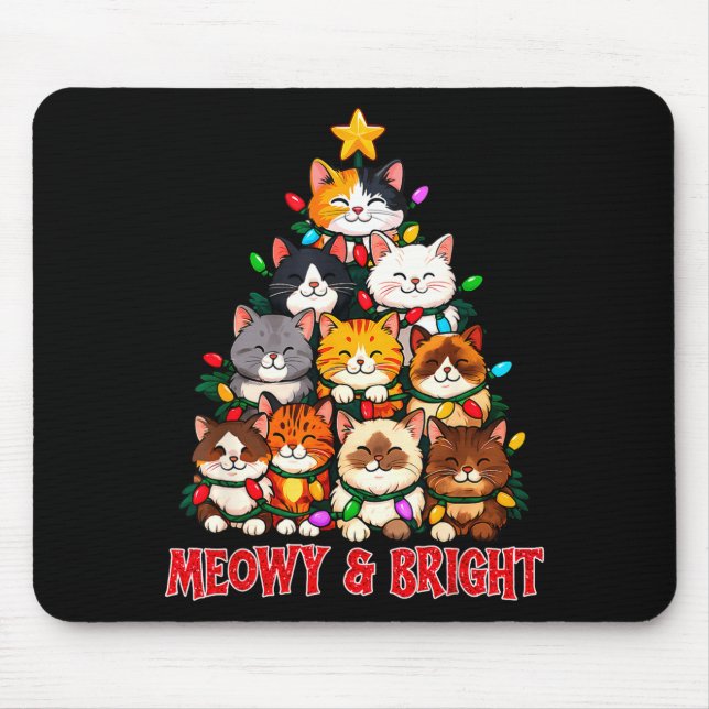 Christmas Cat Tree Meowy And Bright Funny Kitty Gr Mouse Pad (Front)