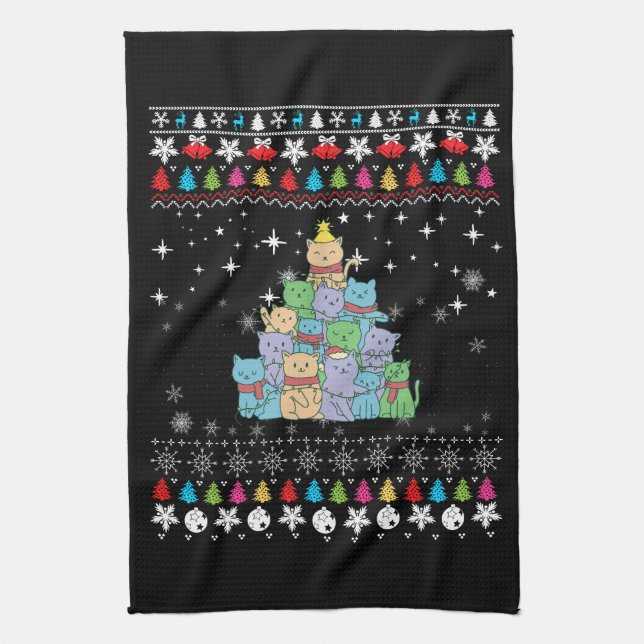 Christmas Cat Tree Ugly Christmas Tea Towel (Vertical)