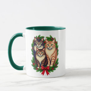 Christmas Cat Trio with Evergreen Wreath Mug