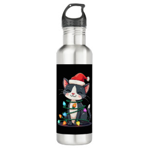 Christmas Cat Tuxedo black cat xmas lights kitty c 710 Ml Water Bottle