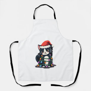 Christmas Cat Tuxedo black cat xmas lights kitty c Apron
