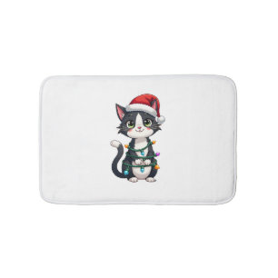 Christmas Cat Tuxedo black cat xmas lights kitty c Bath Mat