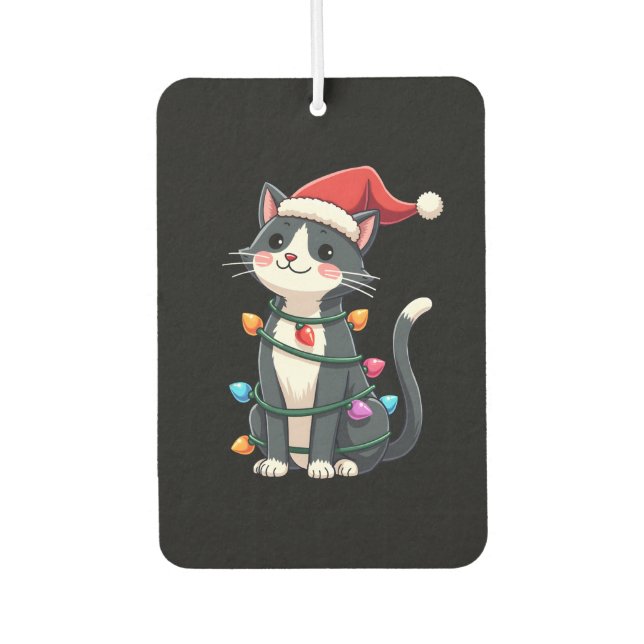 Christmas Cat Tuxedo black cat xmas lights kitty c Car Air Freshener (Front)