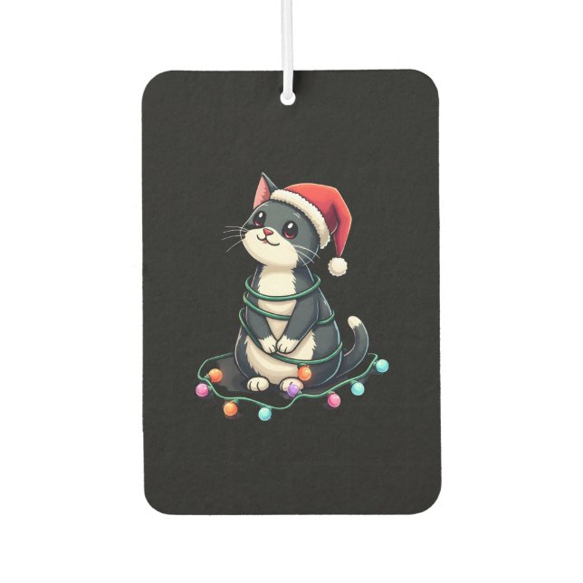 Christmas Cat Tuxedo black cat xmas lights kitty c Car Air Freshener (Front)