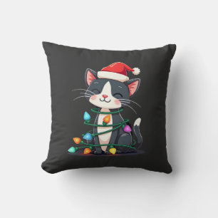Christmas Cat Tuxedo black cat xmas lights kitty c Cushion