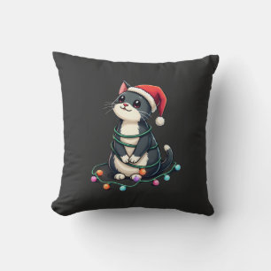 Christmas Cat Tuxedo black cat xmas lights kitty c Cushion
