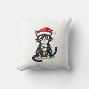 Christmas Cat Tuxedo black cat xmas lights kitty c Cushion