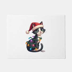 Christmas Cat Tuxedo black cat xmas lights kitty c Doormat