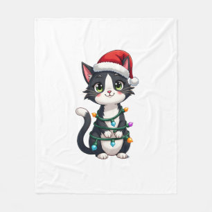 Christmas Cat Tuxedo black cat xmas lights kitty c Fleece Blanket
