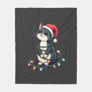 Christmas Cat Tuxedo black cat xmas lights kitty c Fleece Blanket