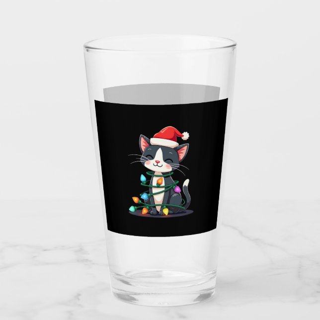 Christmas Cat Tuxedo black cat xmas lights kitty c Glass (Front)