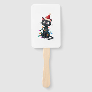 Christmas Cat Tuxedo black cat xmas lights kitty c Hand Fan