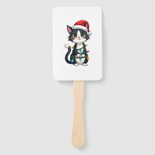 Christmas Cat Tuxedo black cat xmas lights kitty c Hand Fan