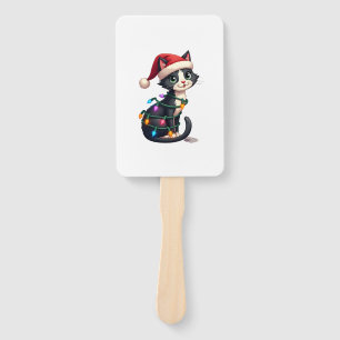 Christmas Cat Tuxedo black cat xmas lights kitty c Hand Fan