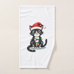 Christmas Cat Tuxedo black cat xmas lights kitty c Hand Towel