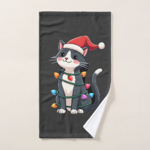 Christmas Cat Tuxedo black cat xmas lights kitty c Hand Towel