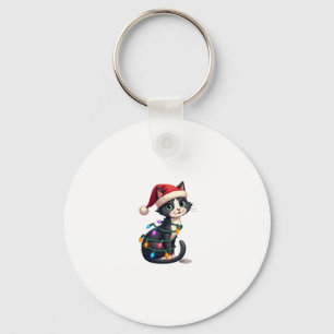 Christmas Cat Tuxedo black cat xmas lights kitty c Key Ring
