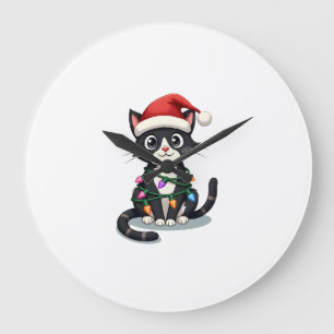 Christmas Cat Tuxedo black cat xmas lights kitty c Large Clock