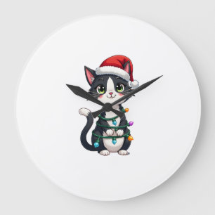 Christmas Cat Tuxedo black cat xmas lights kitty c Large Clock