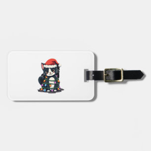 Christmas Cat Tuxedo black cat xmas lights kitty c Luggage Tag