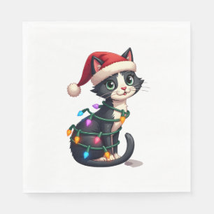 Christmas Cat Tuxedo black cat xmas lights kitty c Napkin