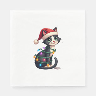 Christmas Cat Tuxedo black cat xmas lights kitty c Napkin