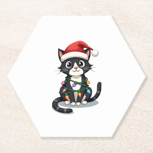 Christmas Cat Tuxedo black cat xmas lights kitty c Paper Coaster (Front)