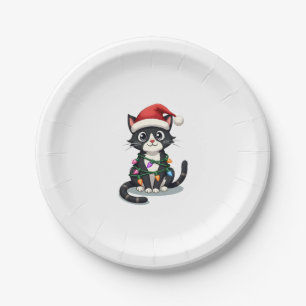 Christmas Cat Tuxedo black cat xmas lights kitty c Paper Plate