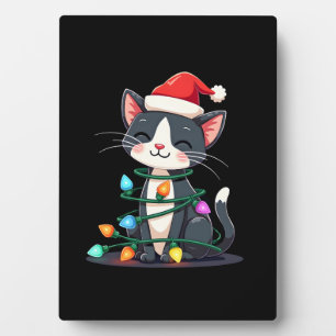Christmas Cat Tuxedo black cat xmas lights kitty c Plaque