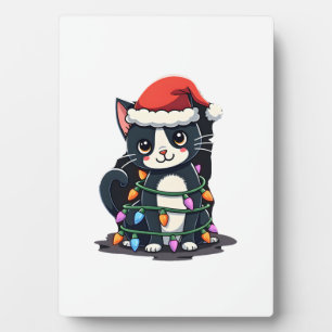 Christmas Cat Tuxedo black cat xmas lights kitty c Plaque