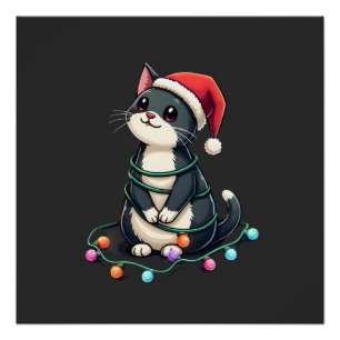 Christmas Cat Tuxedo black cat xmas lights kitty c Poster