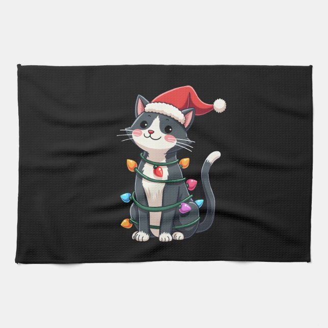 Christmas Cat Tuxedo black cat xmas lights kitty c Tea Towel (Horizontal)